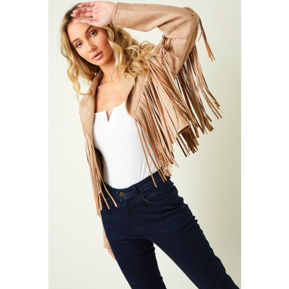 Fringe Sleeve & Back Light Tan Jacket Plus